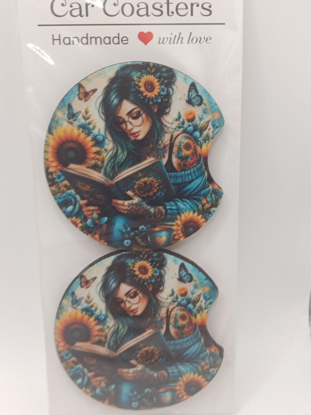 Sunflower Reader Round Car Coaster Set - Teal & Yellow